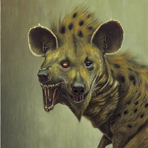 Image similar to horrific grotesque hyena and calculator hybrid, beksinski style painting, highly detailed