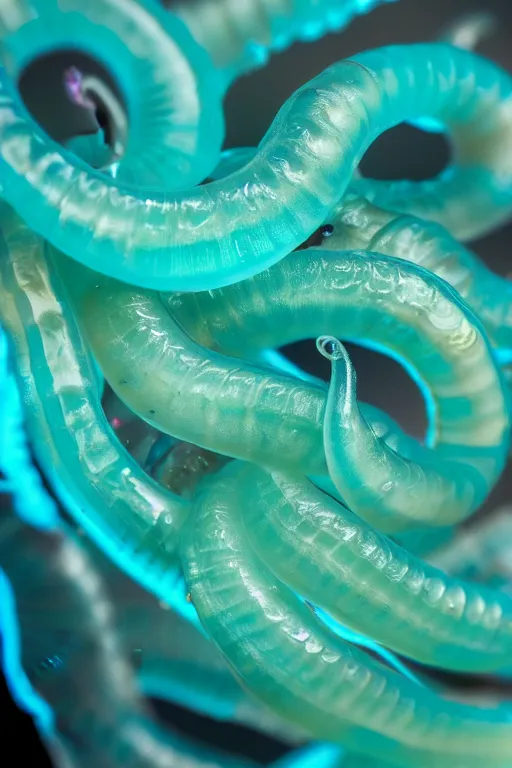 Image similar to high quality macro photo translucent gelatinous worms! gorgeous highly detailed hannah yata elson peter cinematic turquoise lighting high quality low angle hd 8k sharp shallow depth of field