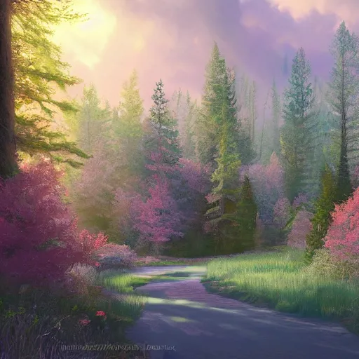 Image similar to solace hermatige cottage peaceful clouds beautiful woods trees pine, nice view, gradient of pink and blue, mystical realistic poster with shaded lighting by craig mallismo, artgerm, jeremy lipkin and michael garmash, unreal engine, radiant light, detailed and complex environment city utopia