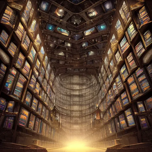 Prompt: staring up into the infinite celestial library, endless books, flying books, starry, sublime, cinematic lighting, watercolor, mc escher, dark souls, bloodborne, matte painting