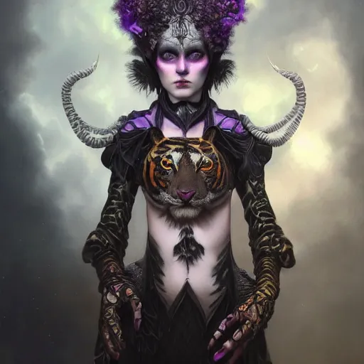 Prompt: tom bagshaw, soft painting fractal curiosities carnival, very beautiful female tigress mutation in full nightshade gothic armor, accurate features, focus, very intricate ultrafine details, black white purple volumetric clouds, award winning masterpiece, octane render 8 k hd