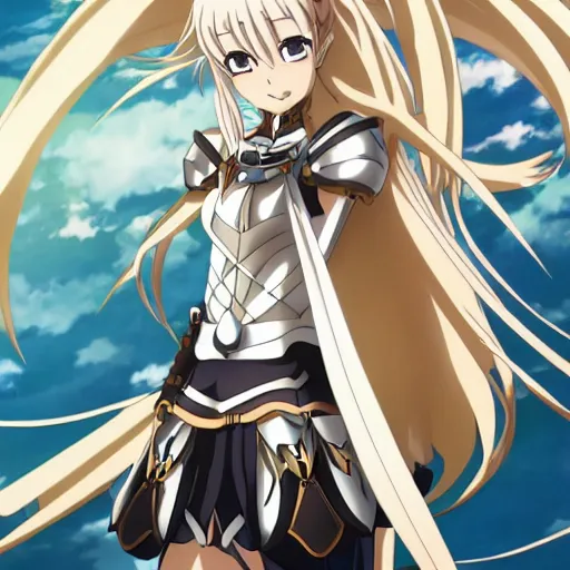 Prompt: Anime key visual of a heroic blonde girl wearing knight armor, official media, Top rated on Pixiv, Kyoto animation studio