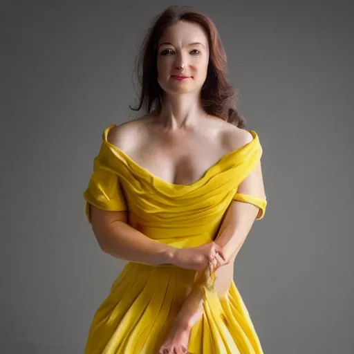 Image similar to a woman in a yellow dress is posing for a picture, a marble sculpture by nicholas hilliard, reddit contest winner, american barbizon school, elegant, studio portrait, full body