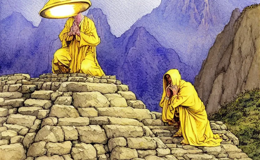 Image similar to a realistic and atmospheric watercolour fantasy concept art of a golden ufo landing on top of a machu pichu. female medieval monk in grey robes kneeling with her hands by her sides. by rebecca guay, michael kaluta, charles vess and jean moebius giraud