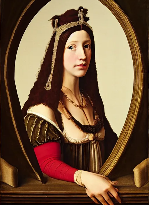 Image similar to portrait of young woman in renaissance dress and renaissance headdress, art by petrus christus