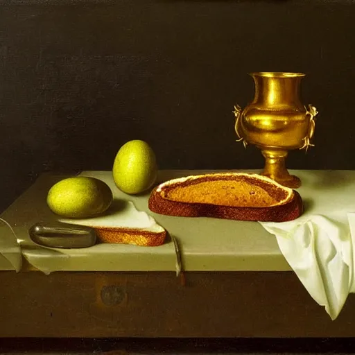 Prompt: still life with avocado toast, golden chalice, flies, velvet, 1 0 0 dollar bills, by willem claesz heda