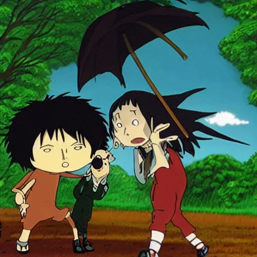 Prompt: tim burton vs studio ghibli fight in an art off