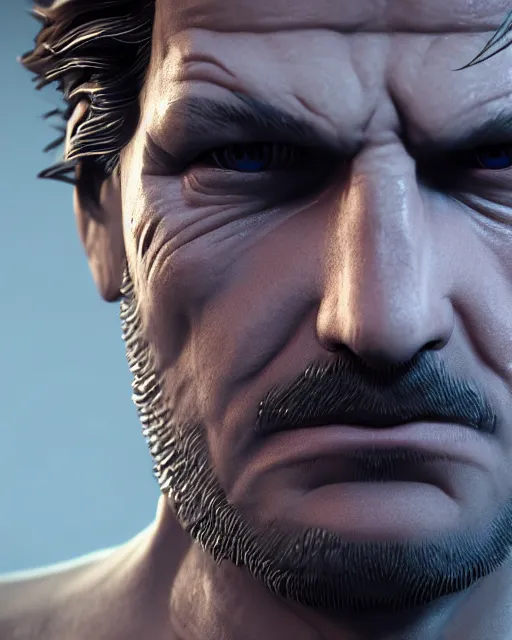 Image similar to solid snake bust portrait, cinematic lighting, backlit face, anguished depressed expression, close - up, black atmospheric background, 4 k photorealistic render, best of artstation hdr, redshift houdini