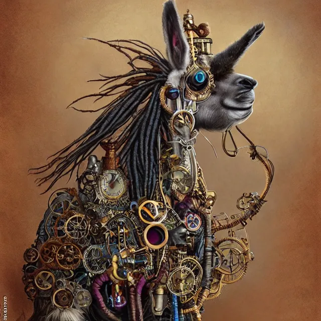 Image similar to llama with dreadlocks, steampunk, by mandy jurgens, ernst haeckel, james jean