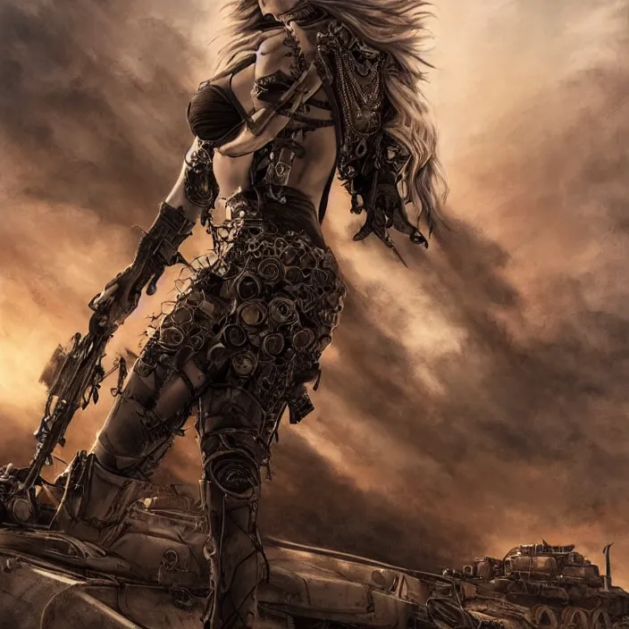 Image similar to beautiful apocalyptic woman with Mohawk, standing on mad max panzer tank, hyper-detailed, smooth, sharp focus, 4k ultra hd, fantasy dark art, tank girl, artgerm, artstation, octane render, elegant, detailed digital painting, apocalyptic art