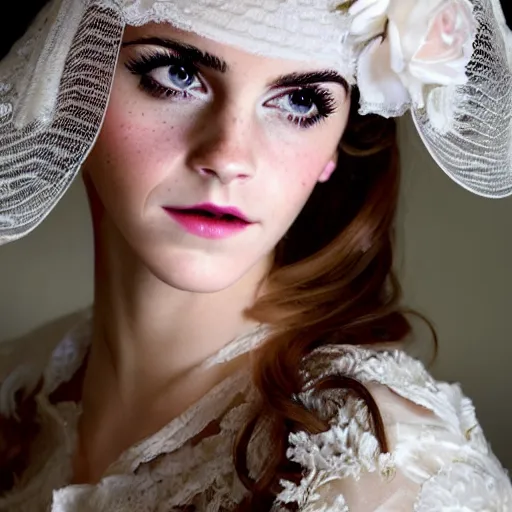 Image similar to big eyes full body fashion model emma watson smokey eyes makeup eye shadow textured film grain fantasy, glow, shimmer as victorian woman in a long white frilly lace dress and a large white hat having tea in a sunroom filled with flowers, roses and lush fern flowers ,intricate, night, highly detailed, dramatic lighting , high quality