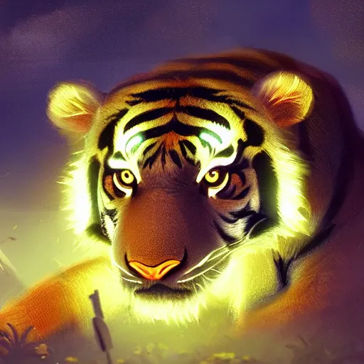 Image similar to adorable glowing tiger, trending on art station, cute, big eyes, matte painting, concept art, pixar, disney, highly detailed, cinematic composition, unreal engine, sharp focus, realistic