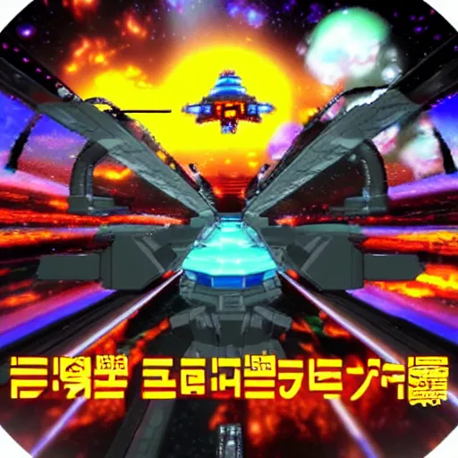 Prompt: ps 1 style videogame shmup arcade anime spaceship shooter 3 d epic bossfight, with hud elements