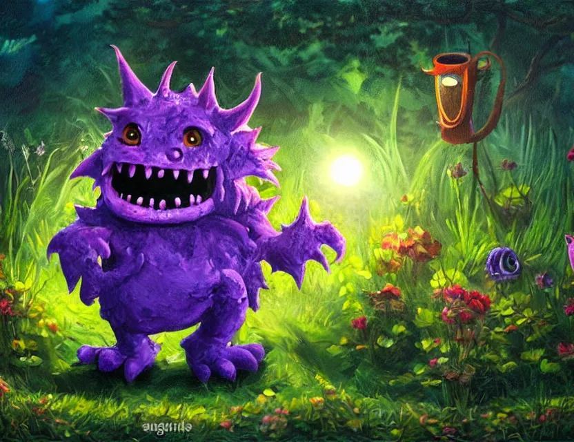 Image similar to cute monster in the garden. oil painting by award - winning comic artist. backlighting, chiaroscuro, depth of field, luminescent colors.