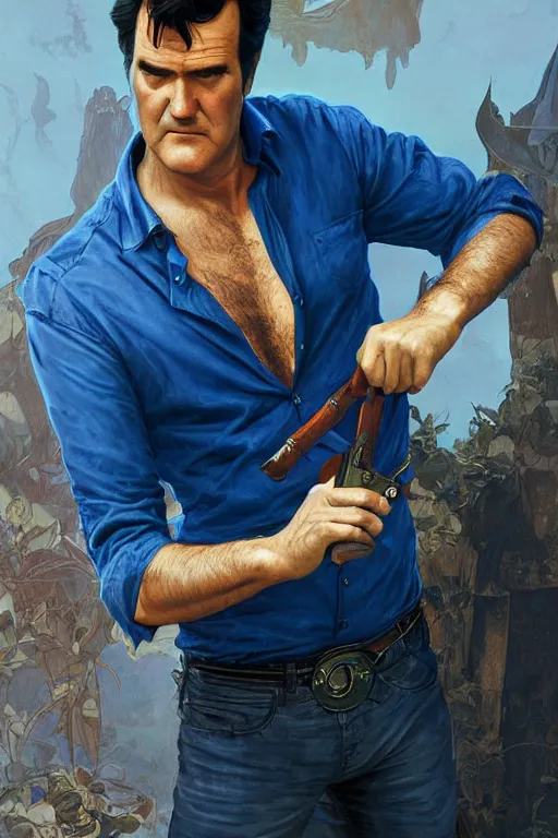 Image similar to Bruce Campbell in a blue bloody shirt with a shoulder strap, innocent, intricate, elegant, highly detailed, digital painting, artstation, concept art, smooth, sharp focus, illustration, art by artgerm and greg rutkowski and alphonse mucha