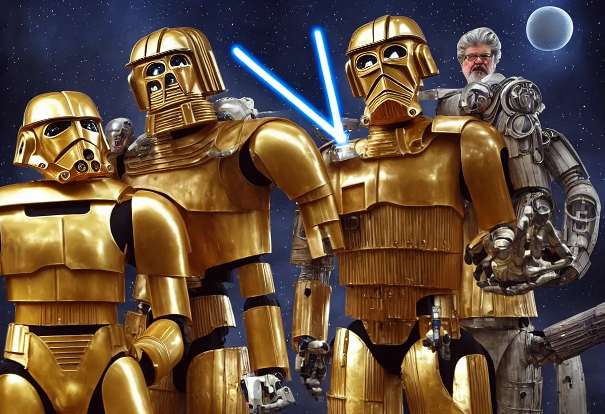 Prompt: “George Lucas battles with a giant, bodybuilder c3P0 mega-mech in his new space opera movie Swiss Cottage, which many claim to be a poor quality knockoff of a Star Wars. HQ movie still. Be creative! I’m counting on you to impress me, Stable Diffusion, don’t let me down with some shonky looking AI bullshit”