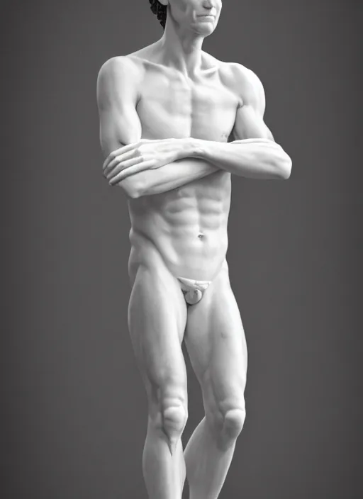 Image similar to a statue made of white marble with gold veins, of john linnell from they might be giants, transhumanism, full body shot, perfect symmetrical body, perfect symmetrical face, hyper realistic, hyper detailed, by johannen voss, by peter kemp, by monia merlo, by michelangelo, octane render, blender, 8 k