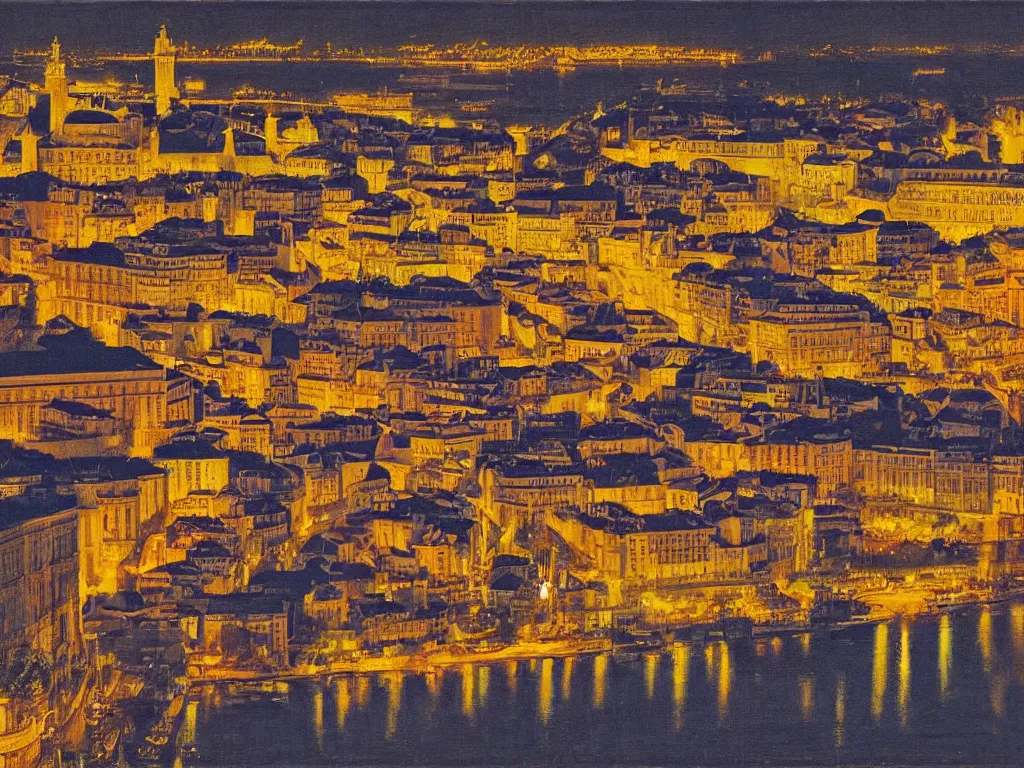 Prompt: lisbon city at night, art in the style of fernando calhau