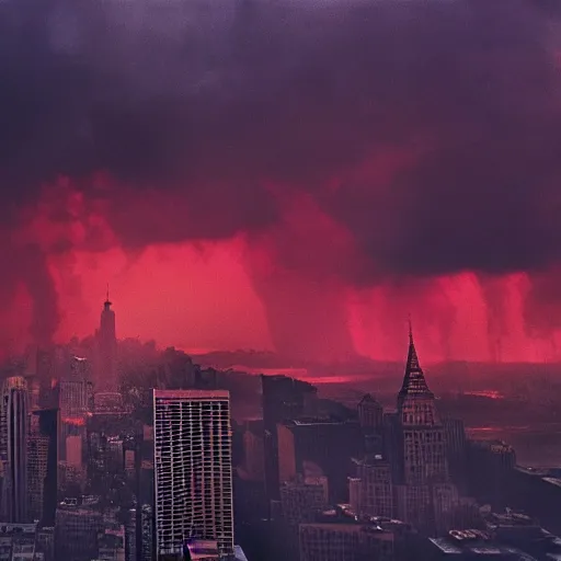 Image similar to dystopian, destroyed new york city, real, blue sky, smoke, red clouds, detailed, award winning, masterpiece, photograph, cinematic