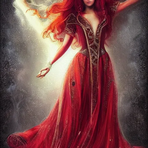 Image similar to Fantastic, fairytale, portrait, painting, beautiful!, female mage, long flowing red hair, light emitting from fingertips, ornate gown, smoldering, serious, royalty kingdom, royal court