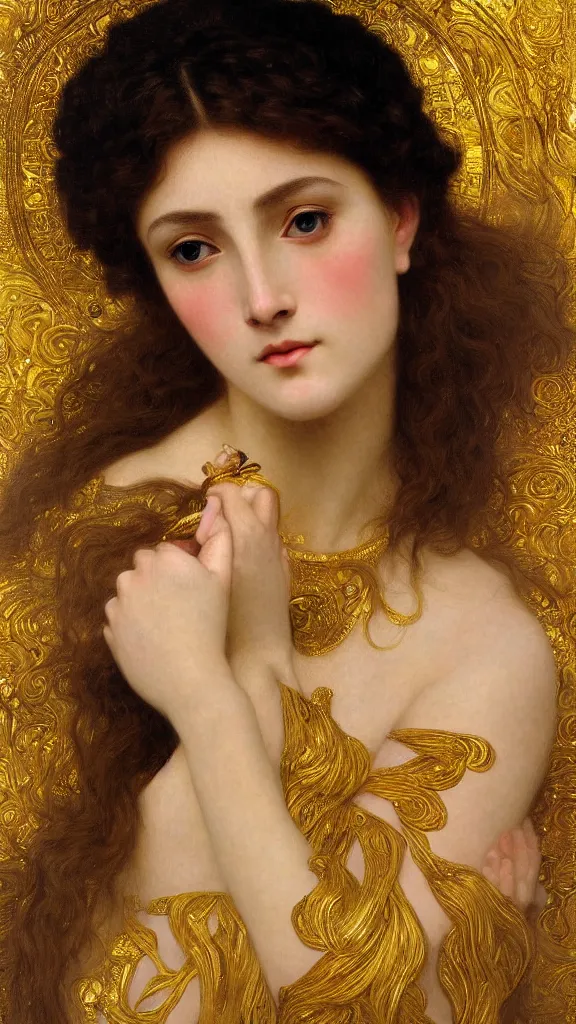 Image similar to painting portrait of a beautiful woman like an ancient goddess, intricate, elegant, digital painting, smooth, sharp focus, shiny gold, realistic gold, realistic metal, by William-Adolphe Bouguereau and Gustav Klimt,