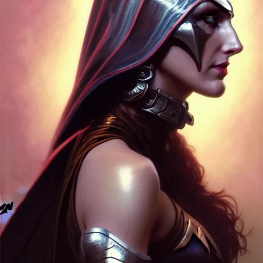 Image similar to head and shoulders Portrait of Gal Gadot as Sylvanas, dark fantasy, medium shot, intricate, elegant, highly detailed, digital painting, volumetric light, artstation, concept art, smooth, sharp focus, illustration, art by Gil Elvgren and Greg Rutkowski and Alphonse Mucha