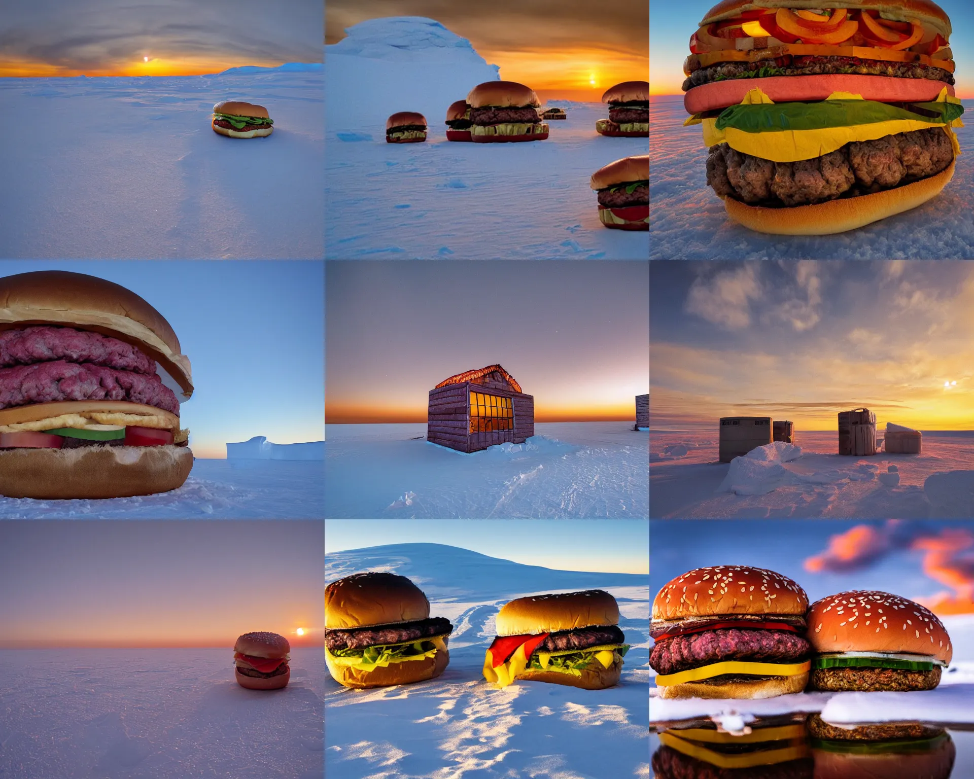 Prompt: enormous building - sized hamburgers at the south pole, national geographic photo, award - winning, extremely detailed, very high quality, 8 k, sunset,