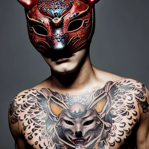 Image similar to a young male wearing a beautiful kitsune mask, his body is covered in beautiful tattoos, photographed by erwin olaf, intricate, editorial