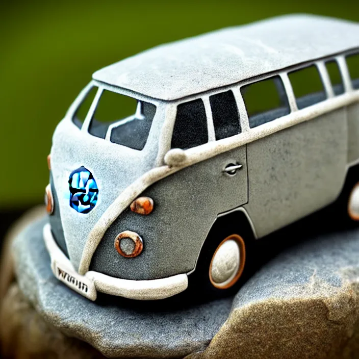 Prompt: ultra - realistic image of an ancient vw bus made of stone