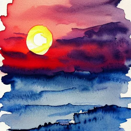 Prompt: sunset, very beautiful watercolor painting, red dark - blue and orange color palette, extremely detailed, masterpiece by a very talented artist, cheerful optimistic happy joyful, stunning gorgeous