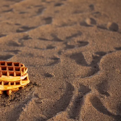 Image similar to an eggo waffle in the sand on the beach in san diego. sigma 5 5 mm. a bit of sand on the waffle. beautiful lighting