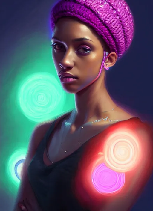 Image similar to portrait of teenage vanessa morgan with bright pink hair, black girl, curly pixie cut hair, wearing a purple breton cap, breton cap, hoop earrings, intricate, elegant, glowing lights, highly detailed, digital painting, artstation, concept art, smooth, sharp focus, illustration, art by wlop, mars ravelo and greg rutkowski