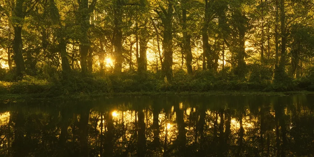 Prompt: a river in a forest, golden hour, ray tracing reflection, 8k, hyper realistic, elegant, highly detailed, ornate, beautifully lit, ray traced, octane render