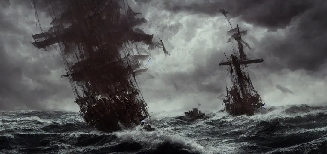 Prompt: wild ocean storm, old wooden pirate ship gets pulled down by giant kraken, appearing from fog, mist, dramatic lighting, cinematic, establishing shot, extremly high detail, foto realistic, pirates of the carribean, cinematic lighting, post processed, concept art, artstation, matte painting, style by eddie mendoza, raphael lacoste, alex ross