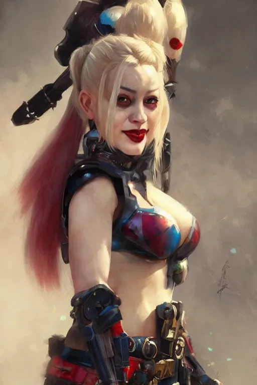 Image similar to portrait of Harley Quinn in bikini armor, dc comics, cyberpunk, Warhammer 40000, digital art from artstation by Ruan Jia and Mandy Jurgens and Artgerm and william-adolphe bouguereau