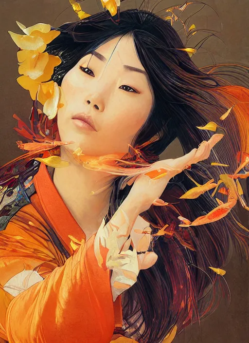 Image similar to portrait of mulan, koi fish, orange spike aura in motion, floating pieces, painted art by tsuyoshi nagano, greg rutkowski, artgerm, alphonse mucha, spike painting