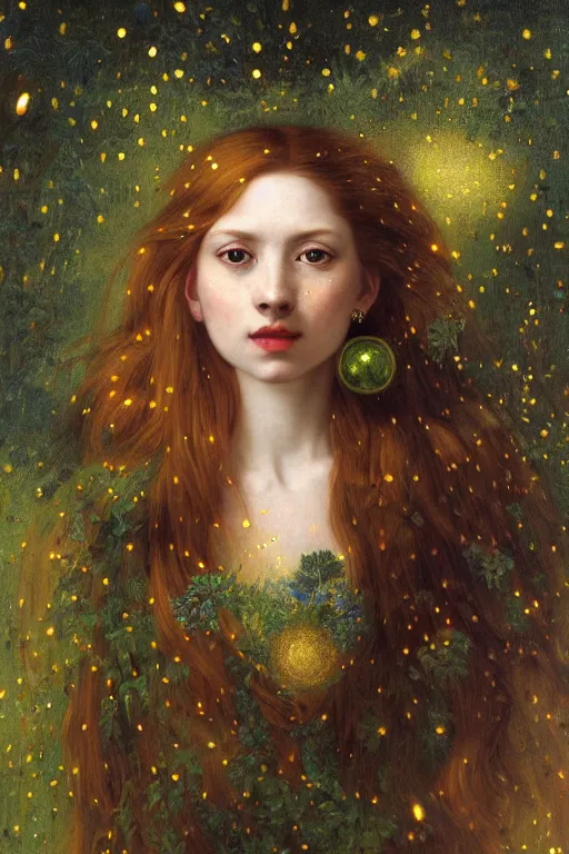 Image similar to portrait of happy a young woman, among the lights of golden fireflies and nature, long loose red hair, intricate details, bright green eyes, freckles on the nose, round gentle face, intricate dress, golden ratio, hyper realistic digital art by artemisia lomi gentileschi and caravaggio, gaston bussiere and tomacz alen kopera.