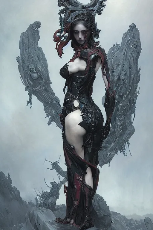 Image similar to Beautiful pale warhammer 40000 goth girl with mechanical wings, dark fantasy, digital illustration, intricate, highly detailed, smooth, artstation, painted by Wayne Barlowe and Greg Rutkowski and zdislav beksinski and Ruan Jia and Mandy Jurgens and Artgerm and william-adolphe bouguereau
