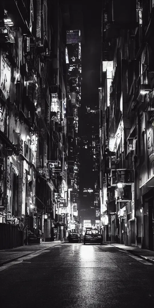 Image similar to street view of a dark cyber noir city, night, photoreal 35mm 8k photography