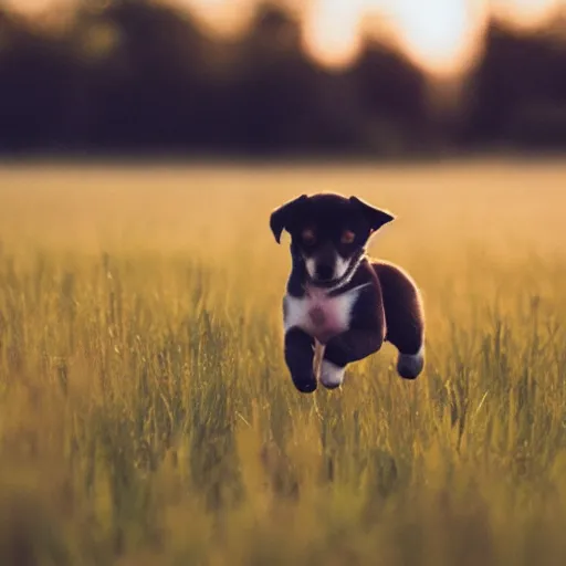 Prompt: hazy Polaroid photo of a little puppy running through high grass at dawn !n 4