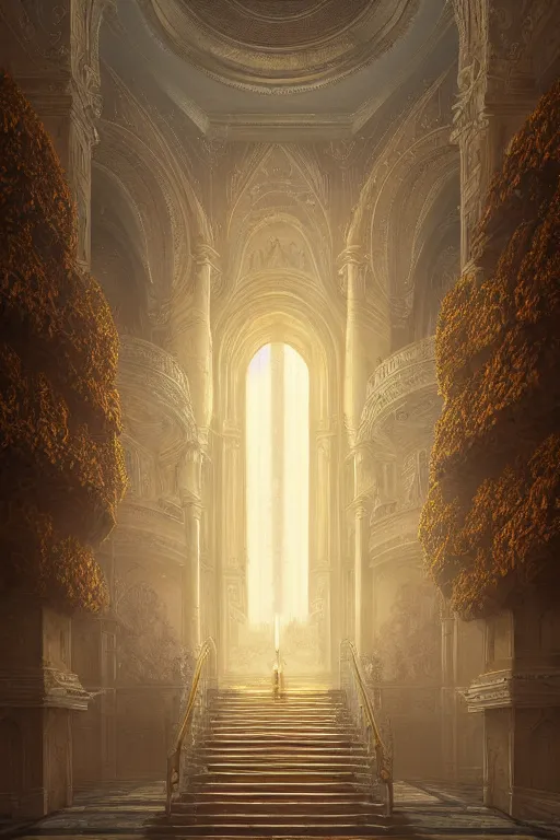 Image similar to vanishing point palace is like the kremlin covered with golden roses on a lake, viewed from afar, stephen bliss, misty, unreal engine, fantasy art by greg rutkowski, loish, ferdinand knab, and lois van rossdraws,, global illumination, radiant light, minimalist, detailed and intricate environment