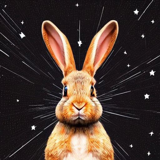 Prompt: a digital painting portrait of a rabbit wearing a vr hmd, black background with stars, photorealism