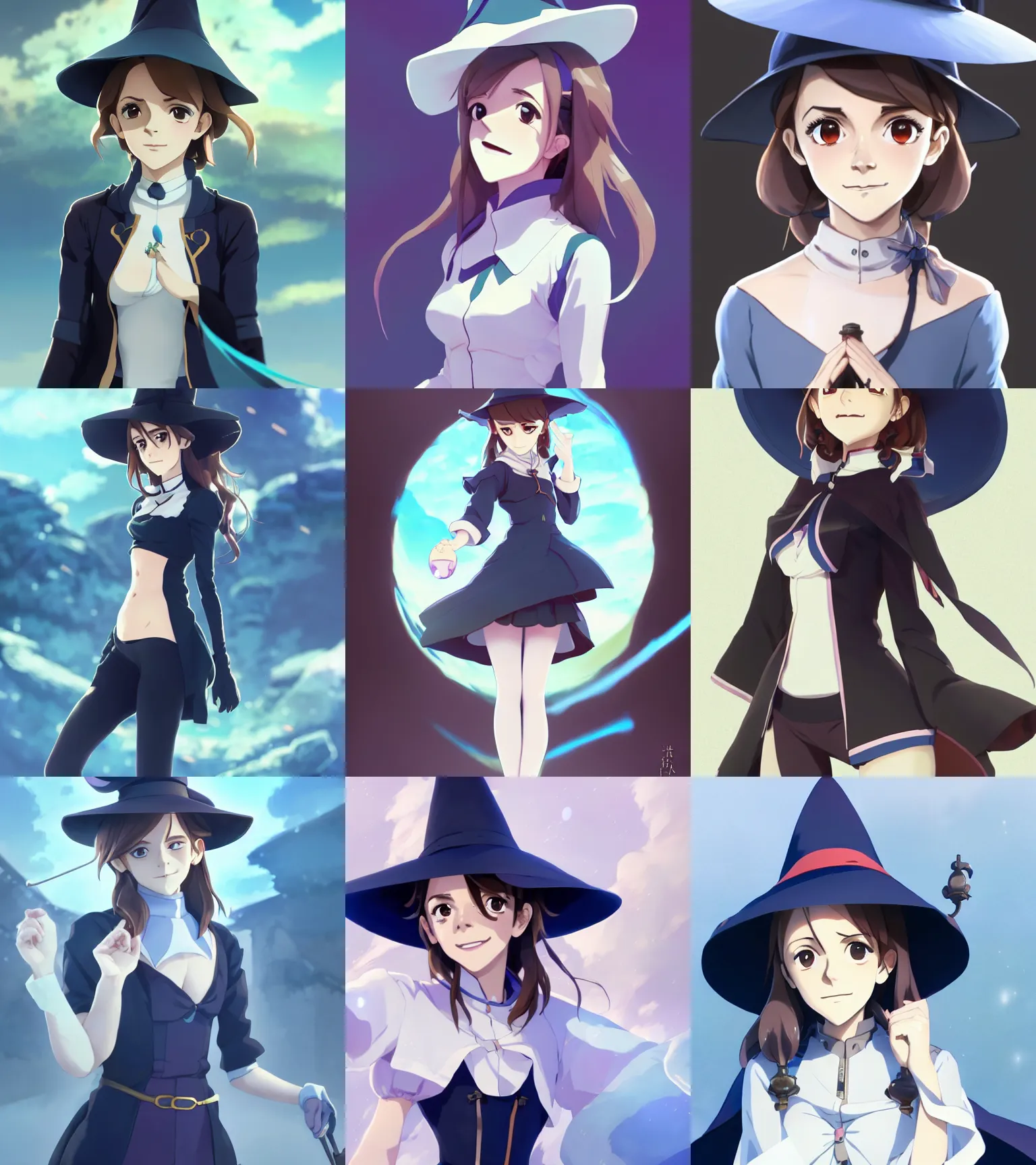 Prompt: attractive Emma Watson as Atsuko Kagari (Akko), hourglass slim figure, full body shot close up, cute seductive smile, details, blue witch outfit and hat, sharp focus, Little Witch Academia illustration, by Jordan Grimmer and greg rutkowski, Kyoto Animation and Trigger anime style, Trending artstation, pixiv, digital Art