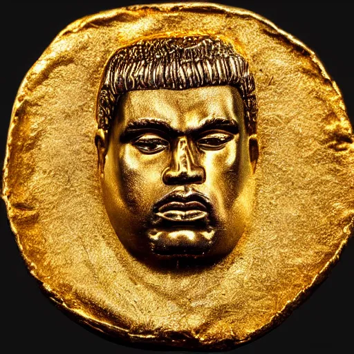 Prompt: an ancient roman gold coin with the face of kanye west, close up photo, ultra realistic, studio photo, bokeh.