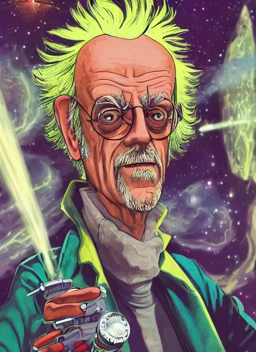 Image similar to Christopher Lloyd as Rick Sanchez on the cover of Galaxy Science Fiction, 1965, detailed, epic, vintage 1960s print, trending on artstation