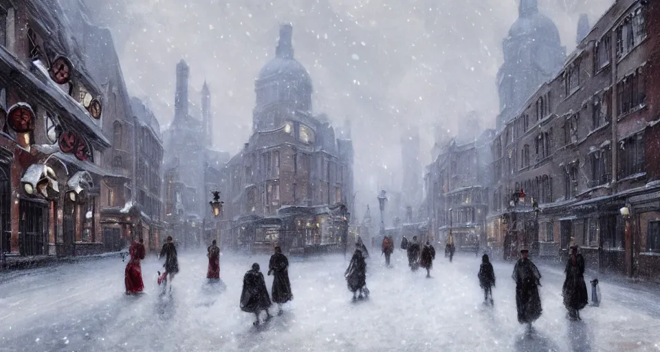 Prompt: snowy christmas victorian london, street scene, street level, whitechapel, hyperdetailed, artstation, cgsociety, 8 k