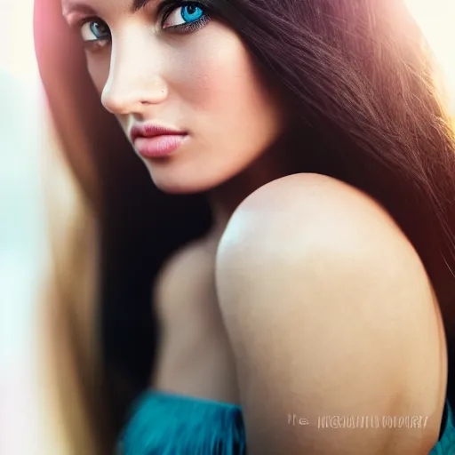 Image similar to professional studio portrait of a very beautiful young woman with gorgeous eyes, high cheek bones, flowing hair, lens flare, glow filter, dramatic lighting, cinematic, 5 0 mm f 1. 4 fuji 4 0 0 h