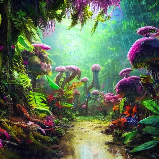 Image similar to An alien jungle, colorful flowers, rain, morning light, photorealistic, realistic, high definition, soft light, high definition, detailed, 8k, artstation