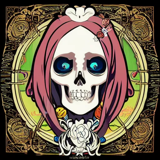 Prompt: anime manga skull portrait woman female wearing hoodie disney cartoon skeleton illustration style by Alphonse Mucha pop art nouveau