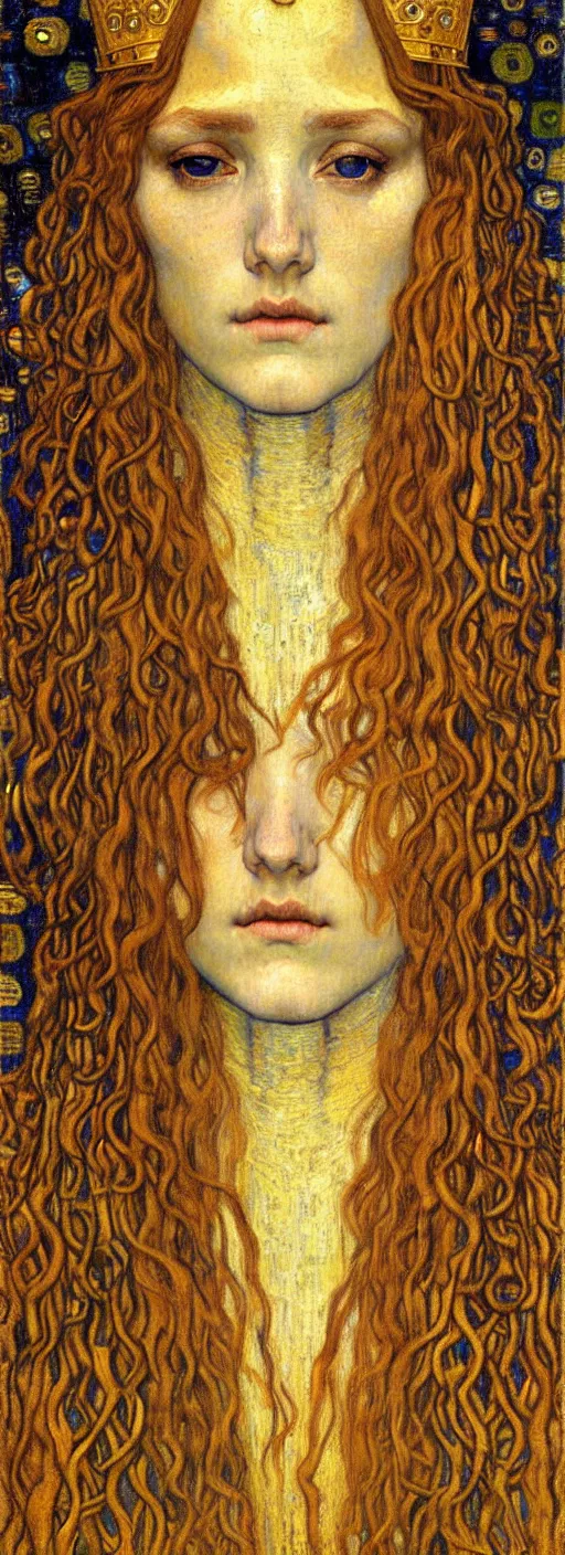 Image similar to detailed realistic beautiful young medieval queen face portrait by jean delville, gustav klimt and vincent van gogh, art nouveau, symbolist, visionary, gothic, pre - raphaelite, muted earthy colors, desaturated